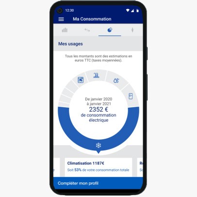 Capture d’écran de l’application EDF Dom & Corse, page « Mes usage » montrant un graphique circulaire de la consommation électrique