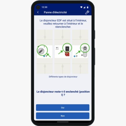 Capture d’écran de l’application EDF Dom & Corse, page « Panne d'électricité » avec  une aide pour réenclencher le disjoncteur EDF intérieur en cas de panne d’électricité