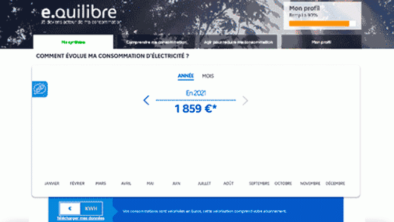 Capture d’écran de l’application e.quilibre affichant la section « Comment évolue ma consommation d’électricité ? »